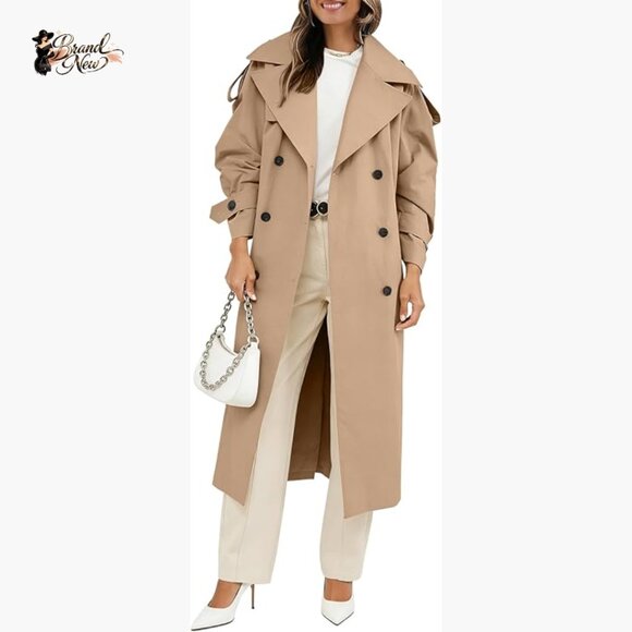 Long Trench Coat Double Breasted Oversized Windproof Overcoat with Belt